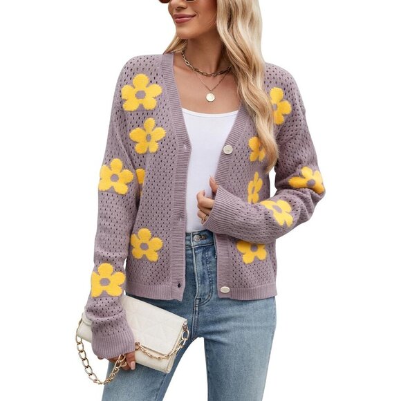 Jackets & Blazers - Women Crochet Cropped Cardigan Lightweight V Neck Flower Knit Fall Outfits